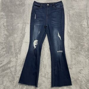 Flamingo Jeans Womens Size XL‎ Flare Bell Bottom Distressed Dark Wash High Rise